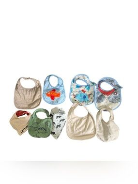 Lot of 9 Mixed Baby Bibs - Animals, Dinosaurs, Plane, & Neutrals